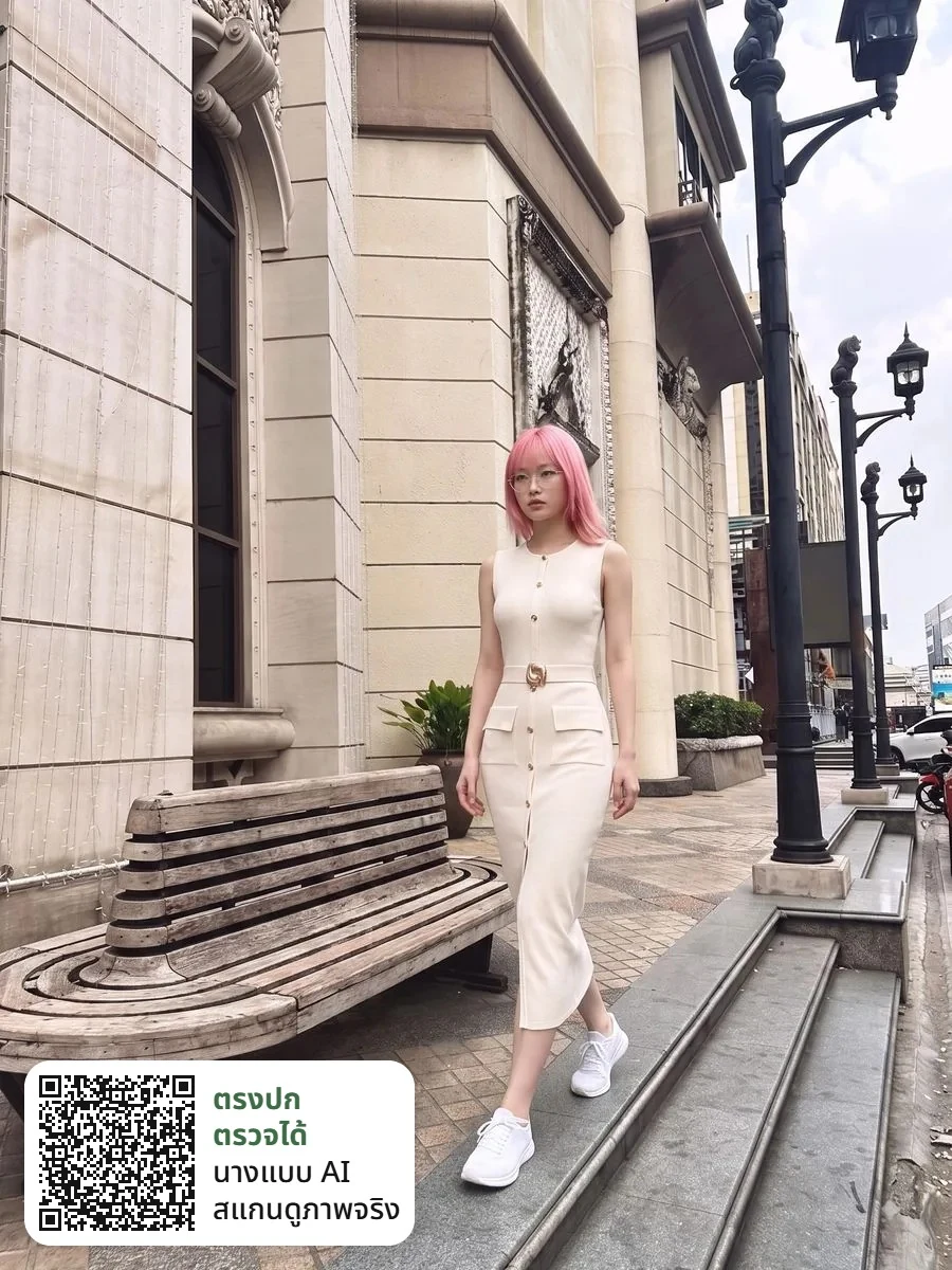 ภาพนางแบบ AI ผมสีชมพูใส่แว่น เดินบนทางเท้าหน้าอาคารสีครีม ใส่เดรสสีครีมตัวเดียวกัน มีการ์ดสีขาวที่มุมซ้ายล่างของภาพ ประกอบด้วย QR และข้อความ ตรงปก ตรวจได้ นางแบบ AI สแกนดูภาพจริง