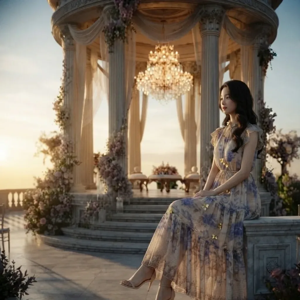 ผู้หญิงผมดำยาวใส่เดรสยาวลายดอกไม้สีฟ้า นั่งบนราวหินในศาลาโปร่งตอนพระอาทิตย์ตก