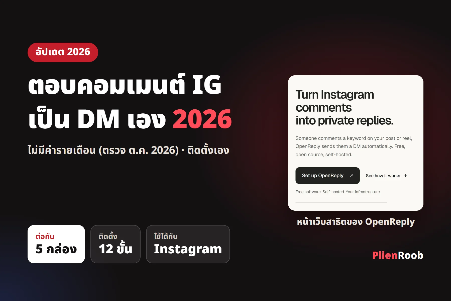 ตอบคอมเมนต์ Instagram เป็น DM อัตโนมัติ ไม่มีค่ารายเดือน ติดตั้งเอง 2026
