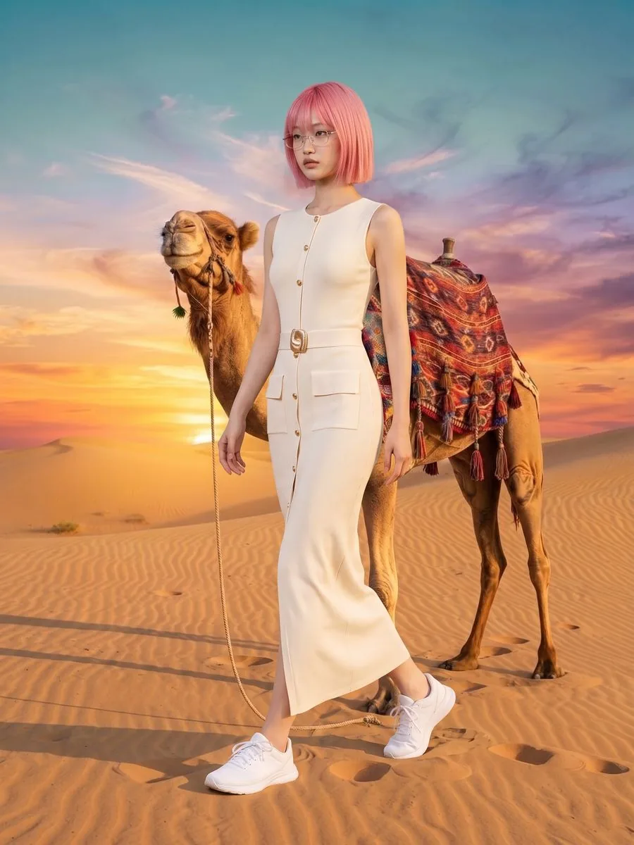 นางแบบผมบ๊อบสีชมพูสวมแว่น ใส่เดรสตัวเดิม เดินจูงอูฐบนเนินทรายตอนพระอาทิตย์ตก