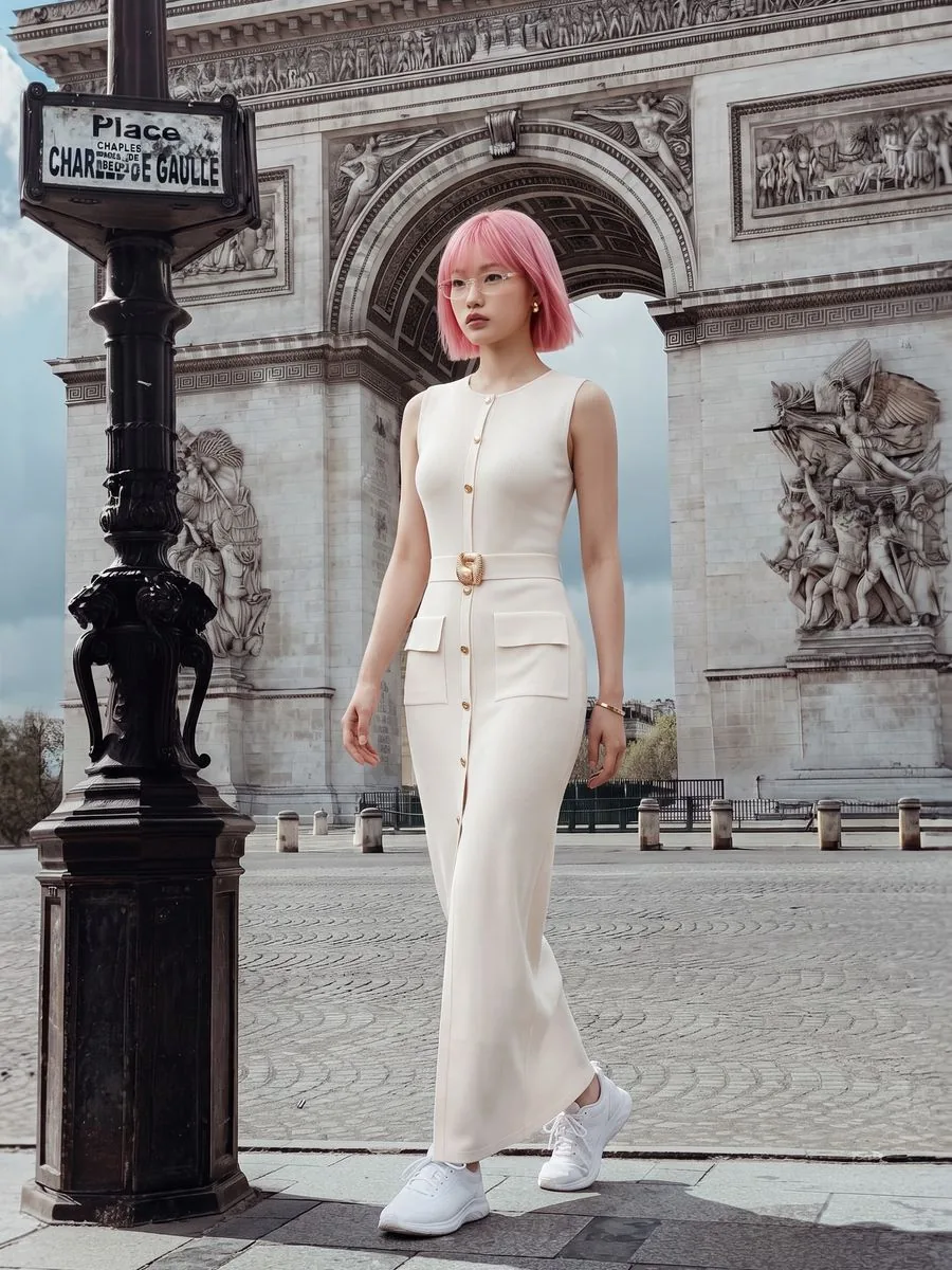 ผลลัพธ์ นางแบบผมบ๊อบสีชมพูสวมแว่น ใส่เดรสสีครีมตัวเดิม เดินอยู่หน้าประตูชัยปารีส