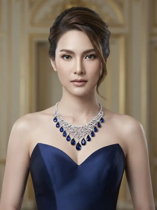 ผลลัพธ์ ผู้หญิงเกล้าผม ใส่ชุดเกาะอกสีน้ำเงินเข้ม สวมสร้อยคอเพชรลายฉลุ มีพลอยสีน้ำเงินทรงหยดน้ำห้อยเรียงด้านหน้า หน้าผนังสีครีมที่มีลายปูนปั้นสีทอง