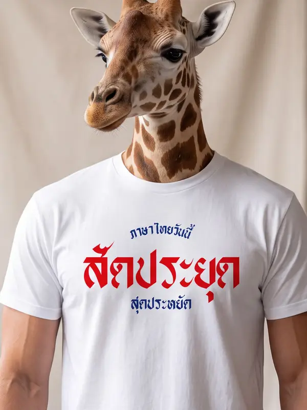 ผลลัพธ์ นายแบบแนวแฟนตาซีหัวยีราฟ ใส่เสื้อยืดสีขาว กลางอกสกรีนคำว่า สัดประยุด ตัวใหญ่สีแดง บรรทัดเล็กสีน้ำเงินด้านบนว่า ภาษาไทยวันนี้ และด้านล่างว่า สุดประหยัด หน้าผ้าสีครีม