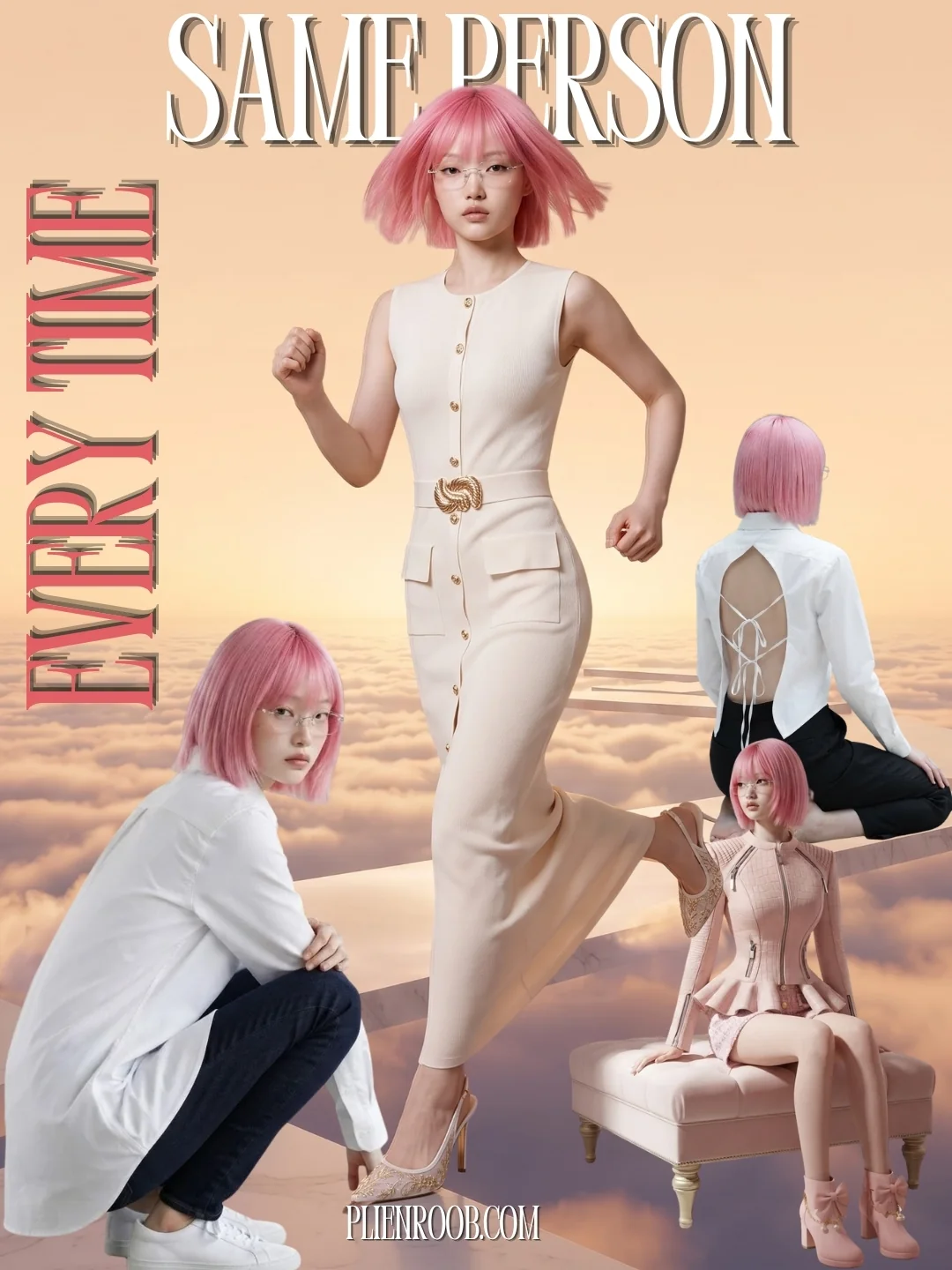 ภาพปก Same Person Every Time นางแบบผมบ๊อบสีชมพูใส่แว่นคนเดียวกัน 4 ท่าบนฉากทะเลเมฆ ใส่เดรสยาวสีครีมกระดุมทองคาดเข็มขัด เชิ้ตขาวกับยีนส์ เชิ้ตขาวเปิดหลังผูกเชือกกับกางเกงดำ และแจ็กเก็ตสีชมพูชายระบาย