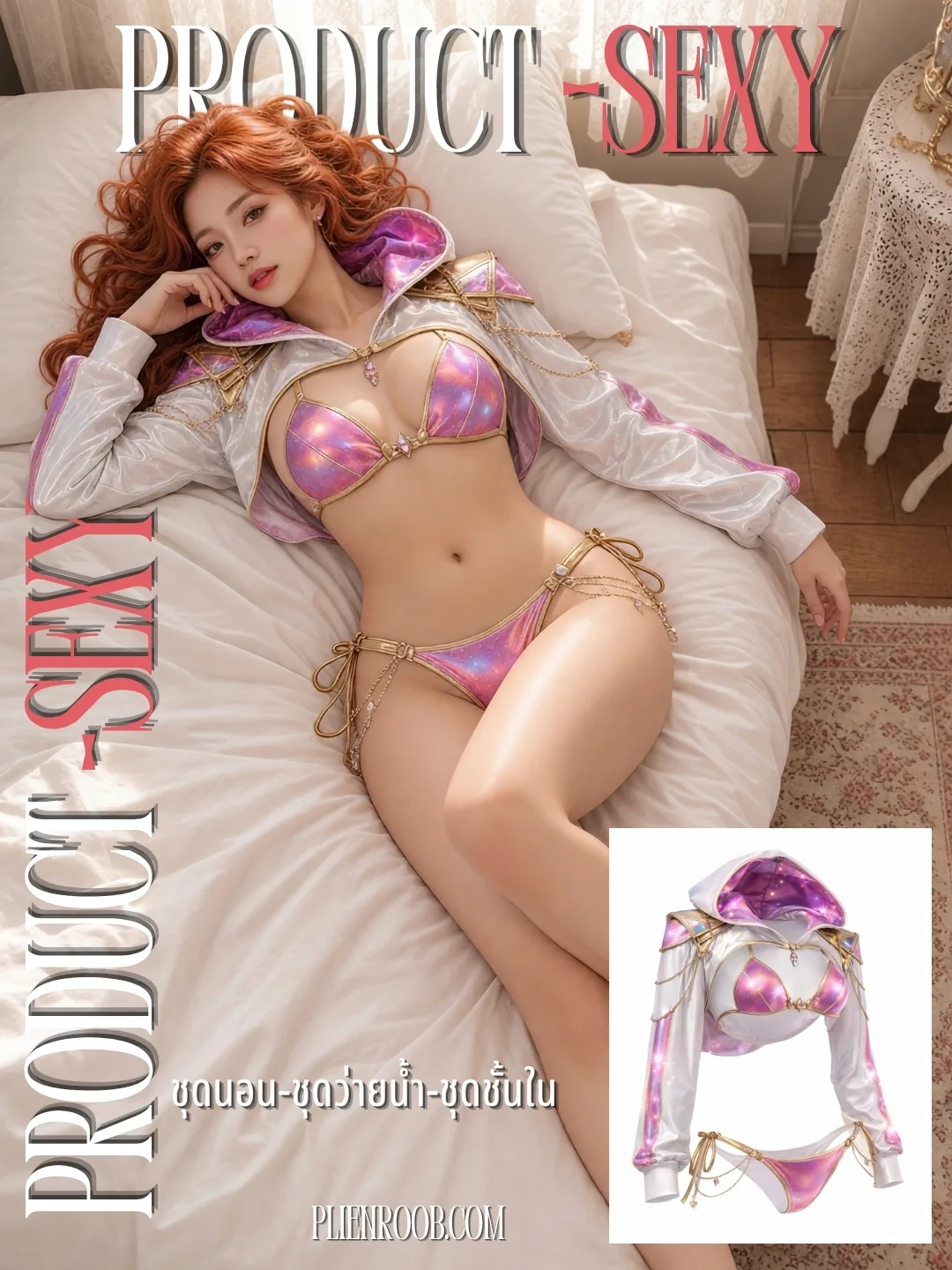 ภาพปก Product-Sexy นางแบบผมแดงยาวดัดลอนนอนบนเตียงผ้าปูสีขาว ใส่ชุดว่ายน้ำสองชิ้นสีชมพูเหลือบกับเสื้อคลุมครอปมีฮู้ด มุมขวาล่างคือภาพสินค้าที่อัป