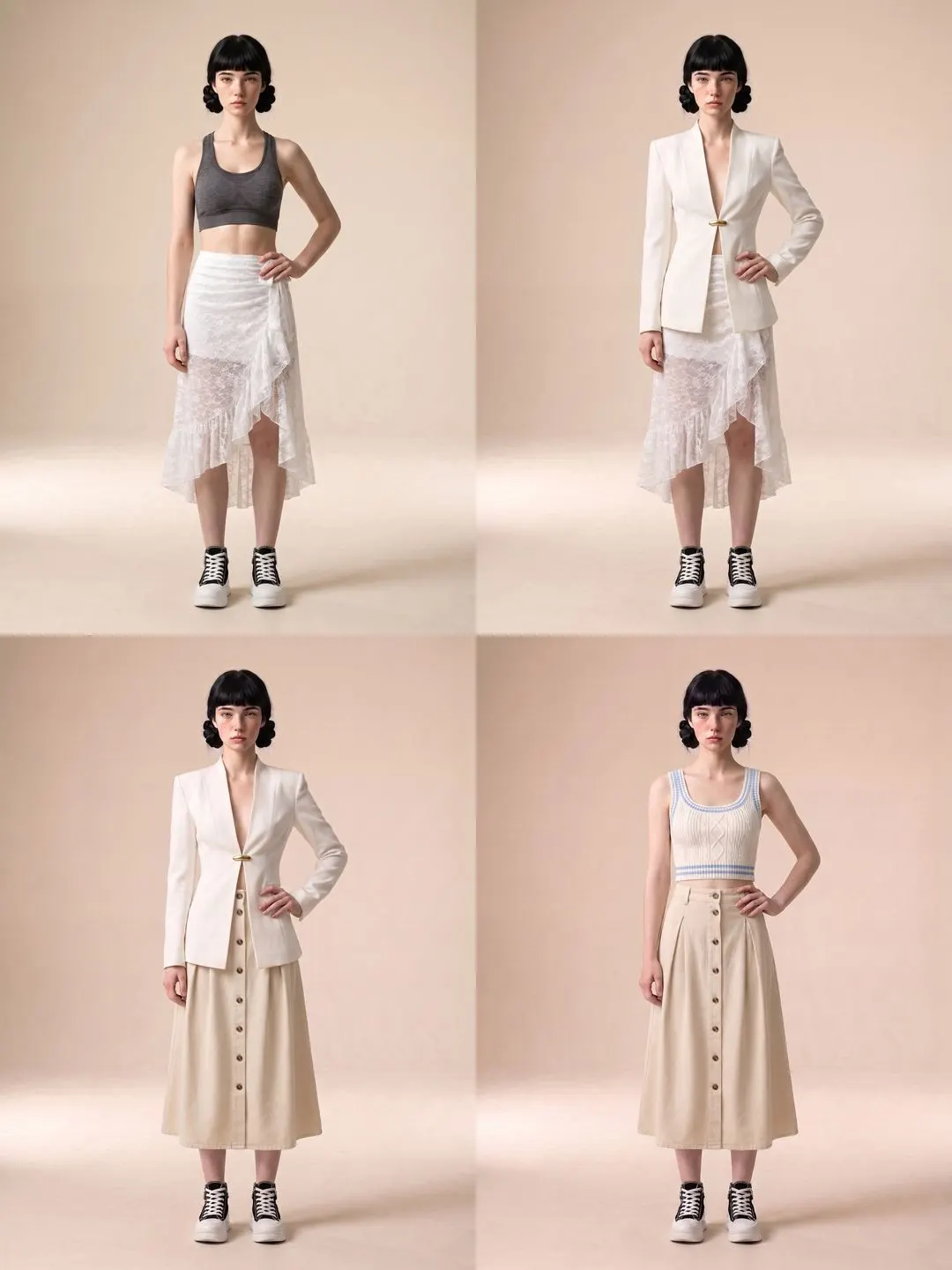 นางแบบคนเดียวกันท่าเดียวกัน ยืนเรียงกัน 4 ใบในชุดที่ต่างกัน เป็นผลลัพธ์จริงจากระบบ