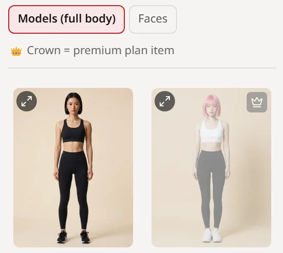 Screenshot of the studio's library picker, with tabs for full-body models and faces and model cards to tap