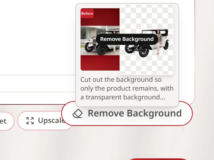 Screenshot of the studio's tool bar, pointing at Remove Background with its before-and-after preview card open