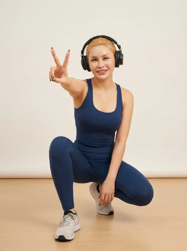 การ์ดท่าโพสฟรี นางแบบสวมหูฟัง ใส่ชุดกีฬาสีกรมท่า ย่อตัวและชูสองนิ้วทักทายกล้อง