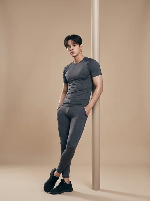 การ์ดท่าโพสฟรี นายแบบยืนพิงเสา ใส่เสื้อยืดและกางเกงขายาวสีเทา มือล้วงกระเป๋า